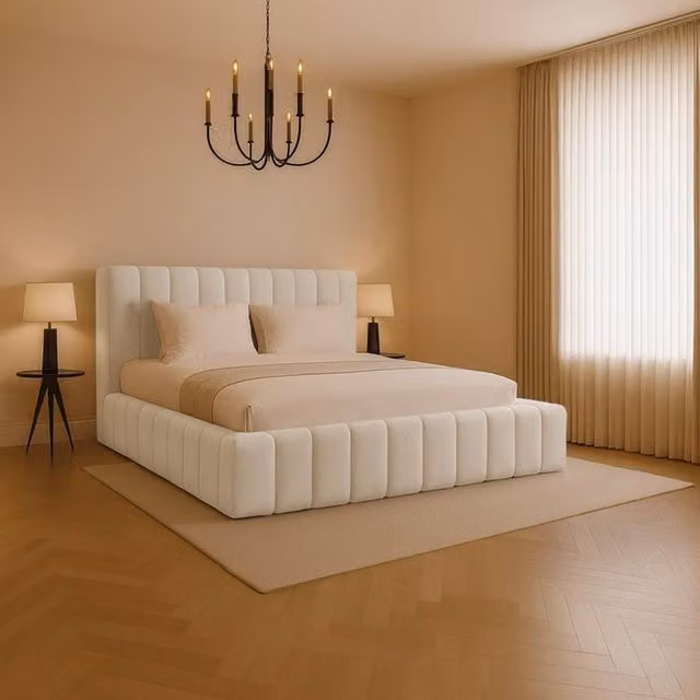 Desire Deco Kingston Modern Upholstered Storage Bed in Beige, W/D/H: 200 x 200 cm