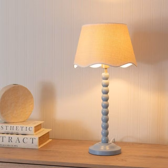 ValueLights Bobbins Powder Blue Table Lamp with White Trim Scallop Fabric Shade – 1