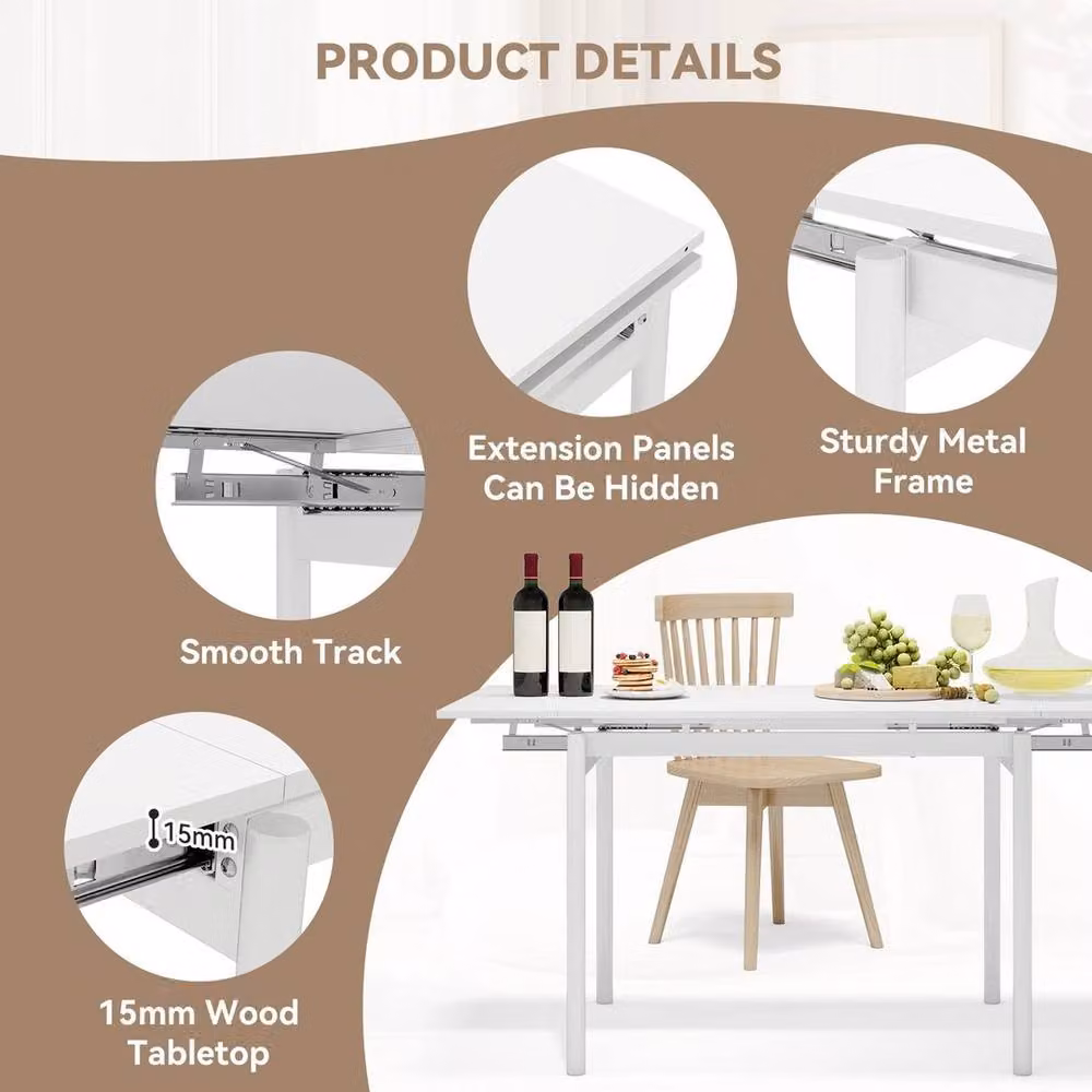 KORVIXA Extendable Rectangular Dining Table in White with Butterfly Leaf, W/D/H: 100 x 50 x 75 cm (Extends to 150 cm) – 4