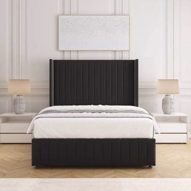 BSSPOKE Luna Plush Velvet Single Divan Bed with 54 inch Headboard and Mattress in Black