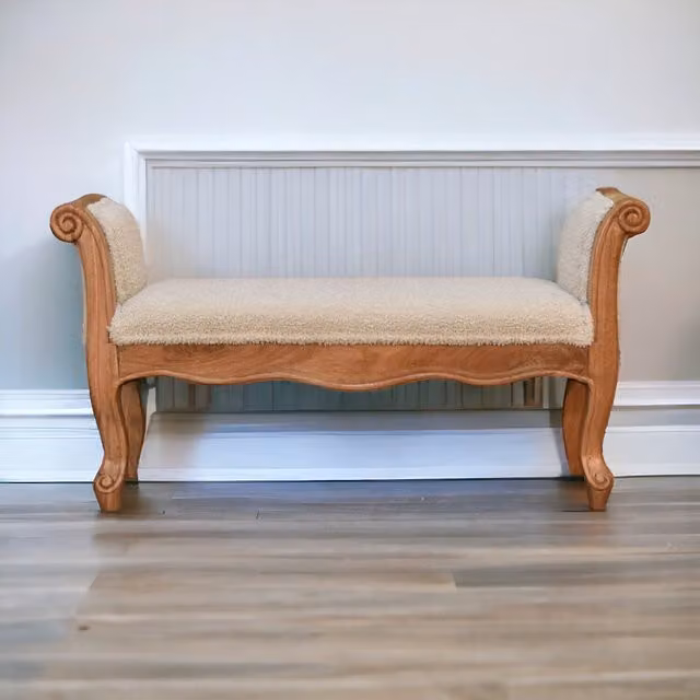 Artisan Furniture French Style Straight Bench in Beige Bouclé Fabric and Solid Wood
