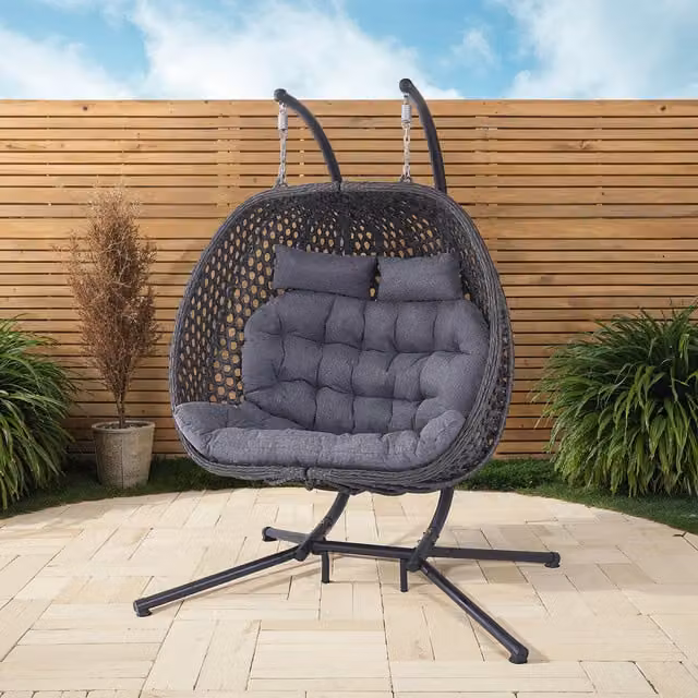 More4Homes Sicily Double Hanging Rattan Egg Chair in Grey with Weatherproof Cushions