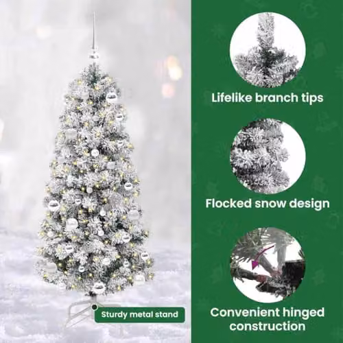 vidaXL Artificial Hinged Christmas Tree in Green, White and Silver, Height: 150 cm – 5