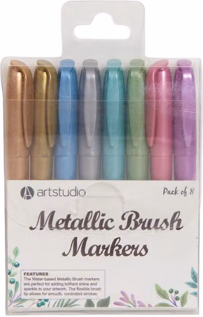 Art Studio Pack of 8 Multicolour Metallic Brush Ink Markers