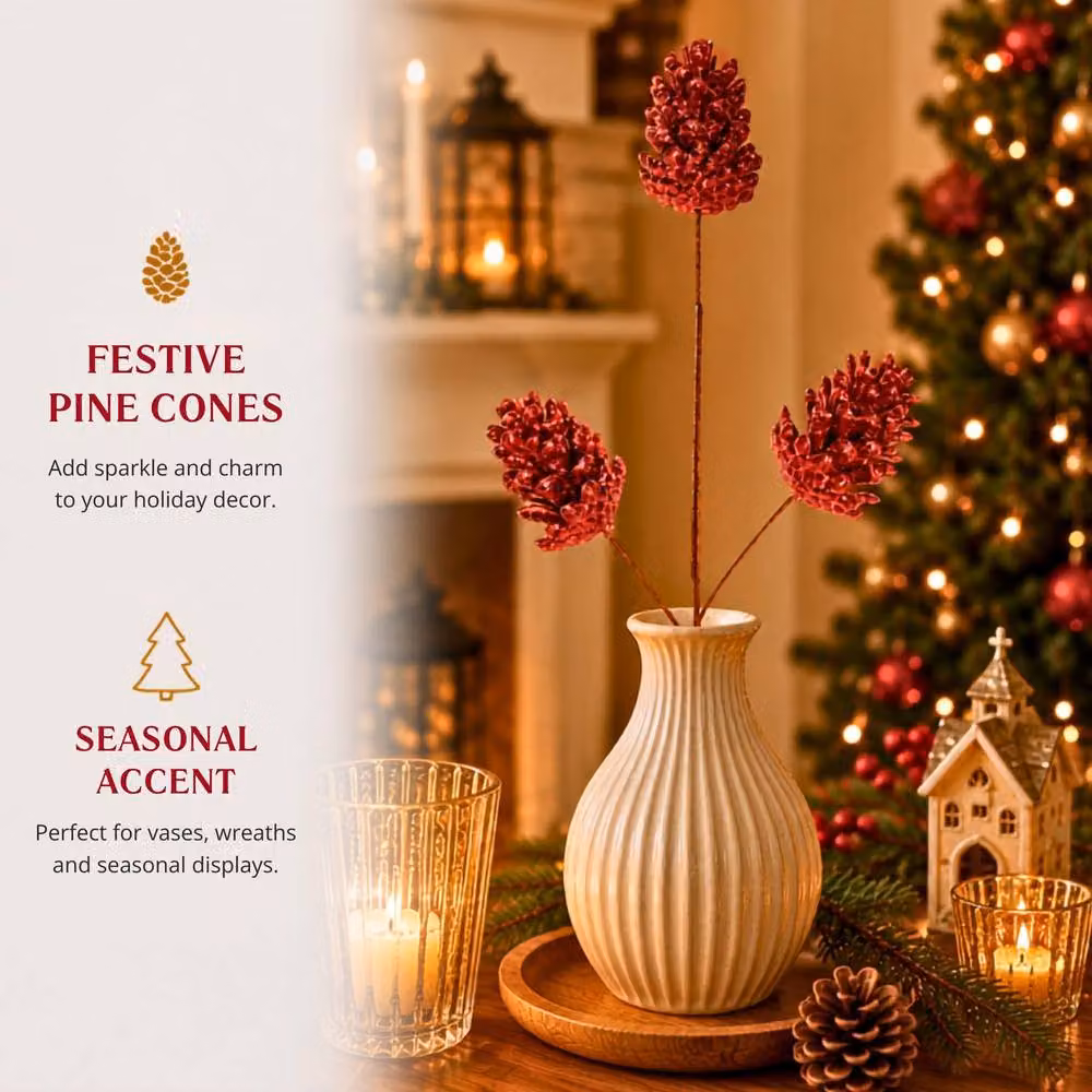 Shatchi Red Glitter Pine Cone Christmas Picks, 12 Pack, Height: 58 cm – 7