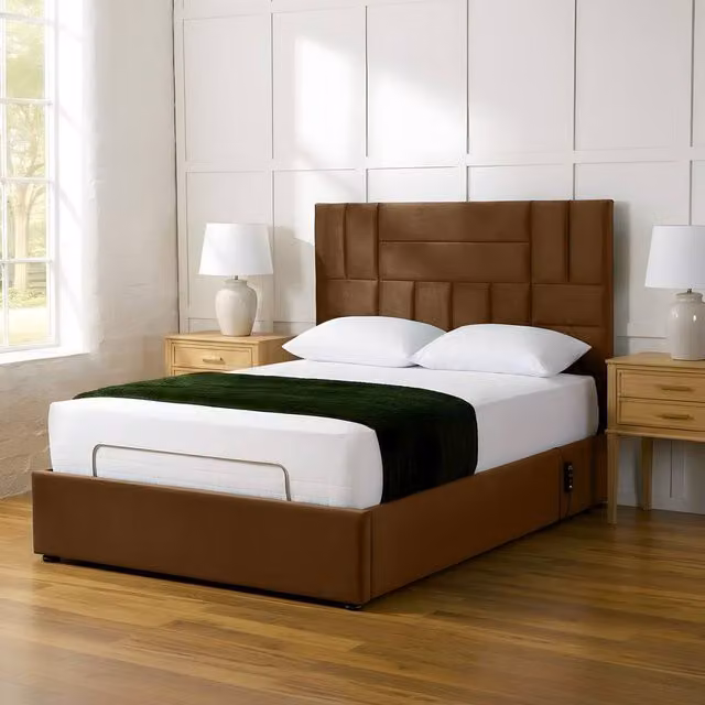 PARADISE BEDS LTD Electric Adjustable Panel Mobility Bed with Headboard and Mattress, Small Single, Brown and Silver