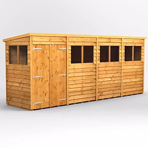 Powersheds Premium Pent Overlap Wooden Shed with Double Door and Window in Brown, W: 202.8 cm, D: 130.8 cm, H: 130.8 cm