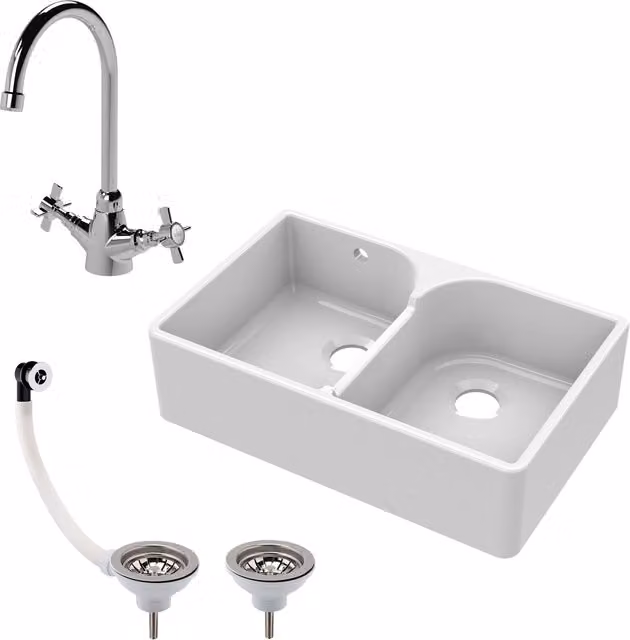 Balterley White Ceramic 2 Bowl Stepped Weir Butler Sink with Overflow and Tap Waste, W: 79.5 cm – 1