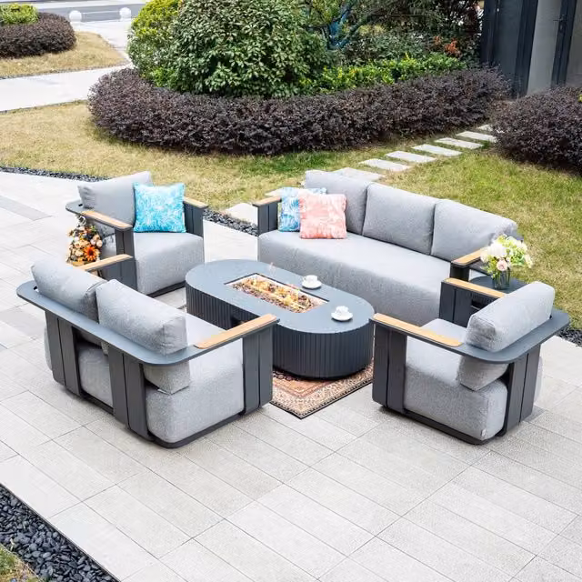 Terrafab MIMO Outdoor Aluminum Sofa Set with Teak Armrests and Fire Pit Table in Grey