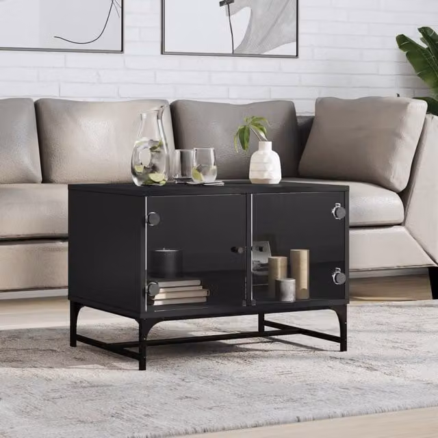Berkfield Home Modern Black Coffee Table with Glass Doors, H 68.5 x W 50 x D 50 cm