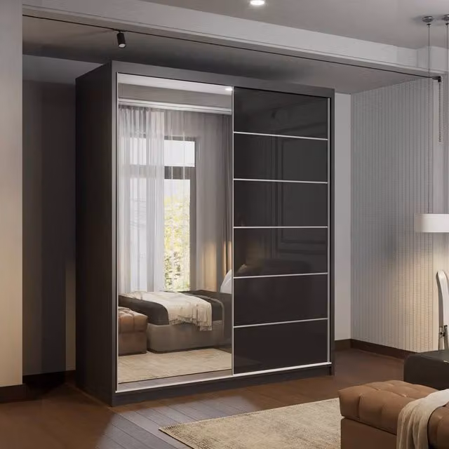 Sliding Wardrobes 4U Fusion High Gloss Black Sliding Mirror Door Wardrobe W: 180 cm, H: 200 cm
