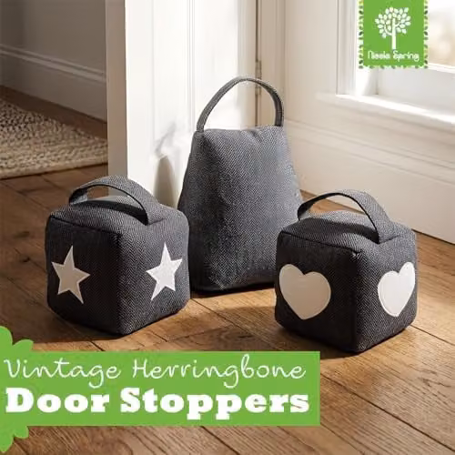 Nicola Spring Grey Herringbone Fabric Star Door Stops, Pack of 2 – 3