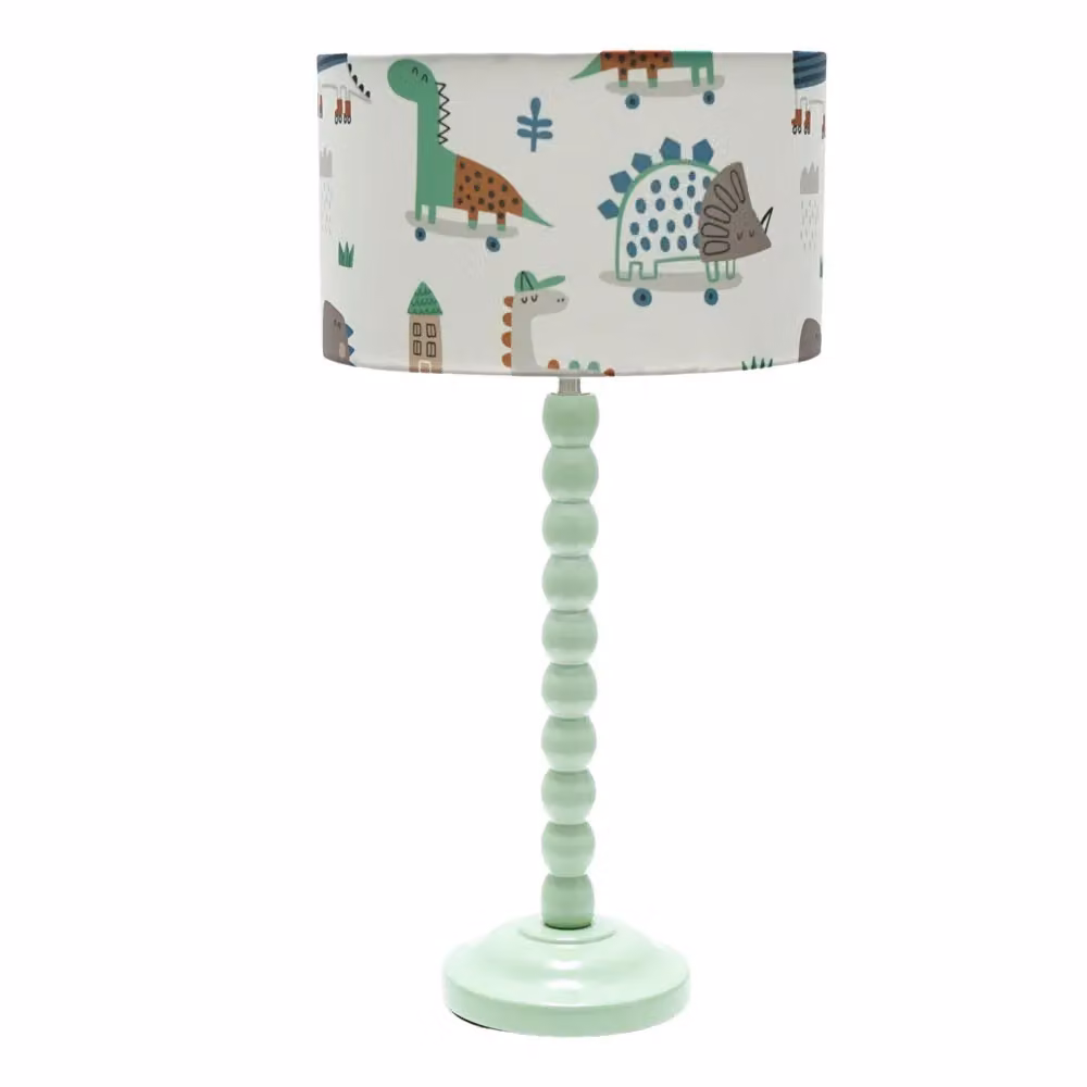 ValueLights Sage Green Bobbin Stem Table Lamp with Cartoon Dino Drum Shade – 2
