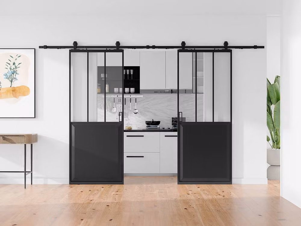 Vente-unique Industrial Style Double Sliding Door in Black with Tempered Glass and Aluminium, W/H: 372 x 205 cm – 2