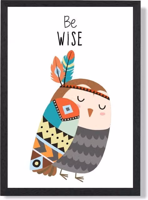 ARTZE Be Wise Owl Tribal Animal Quote Framed Print, Grey and Black, A4 – 1