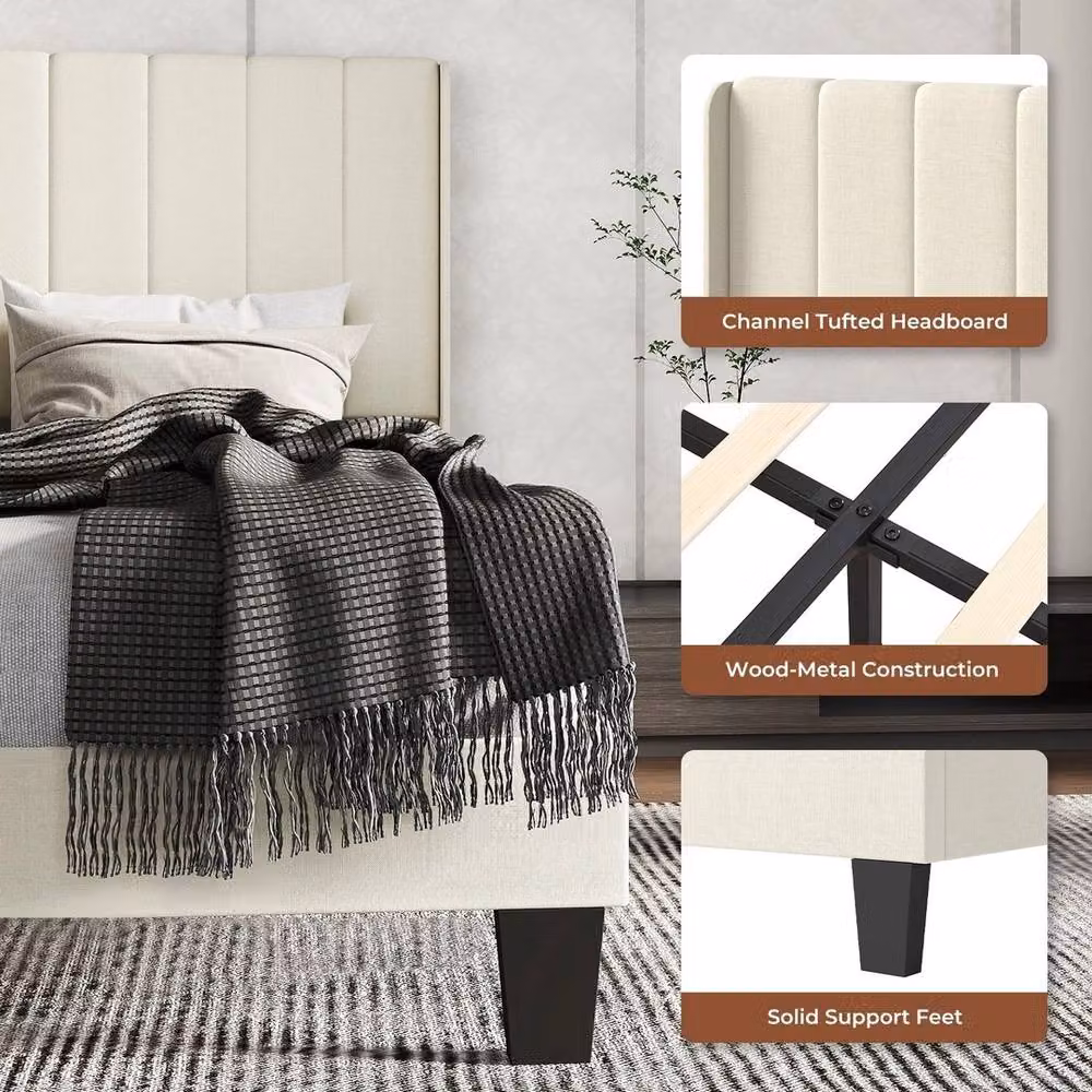 VOGREX Double Plush Upholstered Platform Bed Frame in Beige, W/D/H: 140 x 200 cm – 3