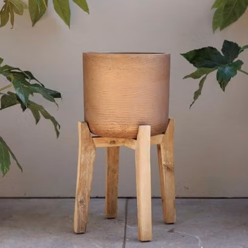 Primrose Modern Round Concrete Tabletop Planter with Wooden Stand in Bronze and White, H 51.5 x W 32 x D 32 cm