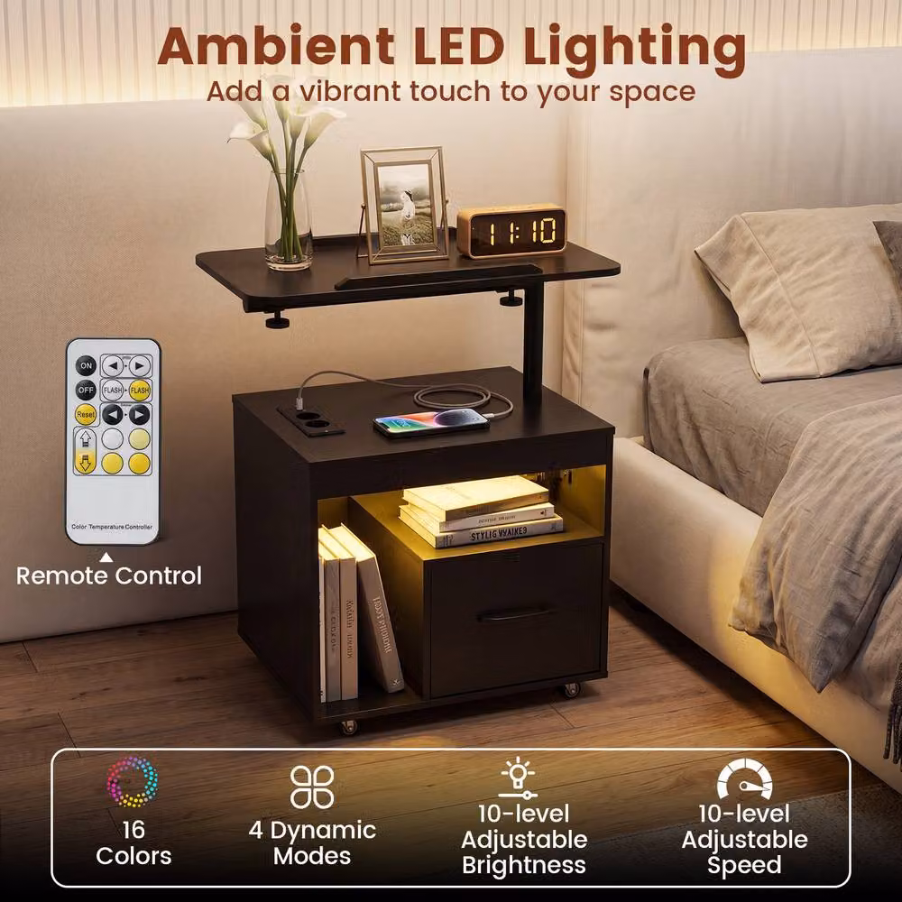 Costway Modern Black Nightstand with Integrated LED Lighting and Charging Station – 3