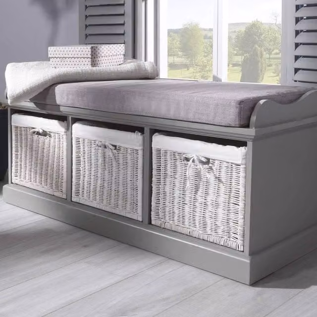 Statement Furniture Tetbury Grey Storage Bench with 3 White Wicker Baskets and Grey Fabric Cushion