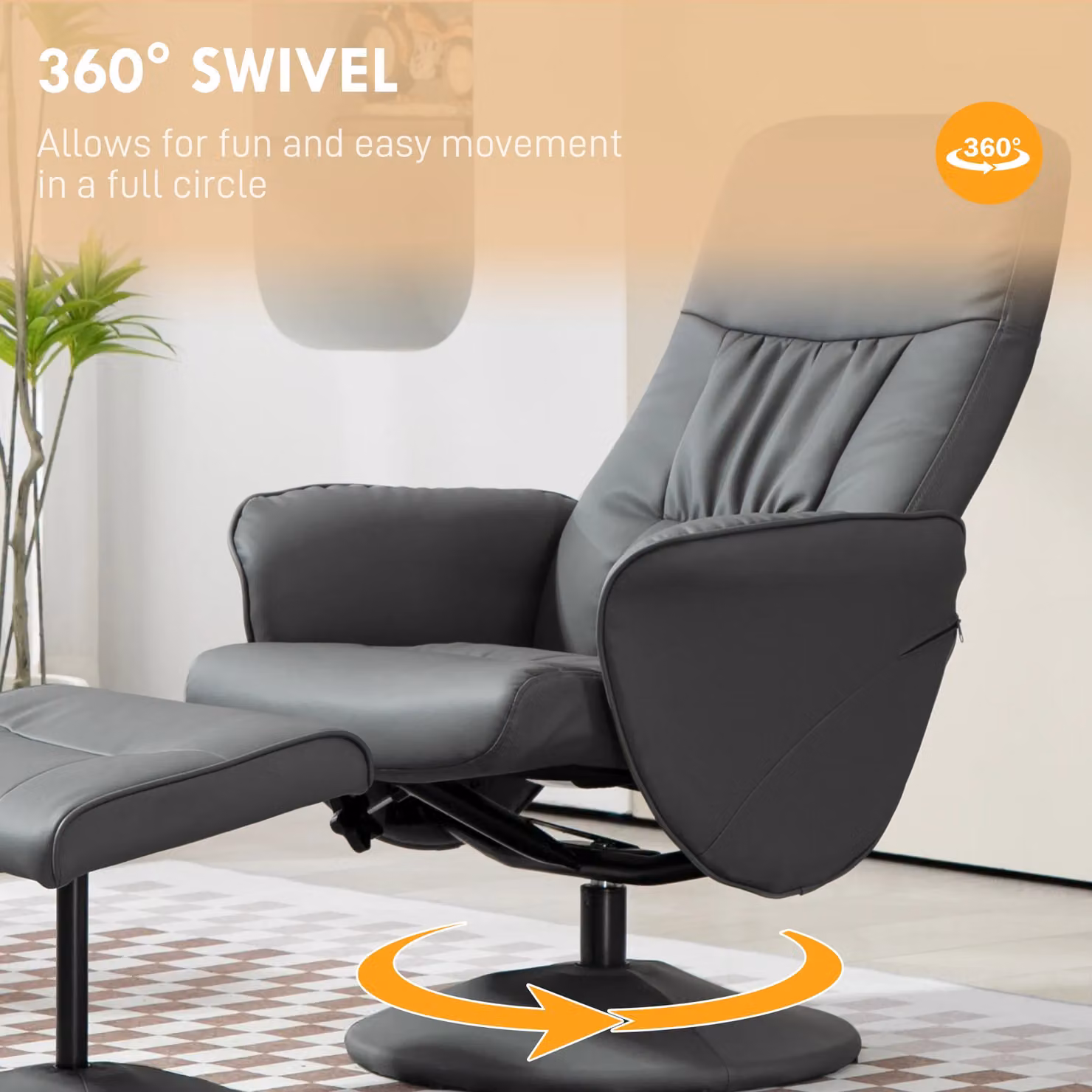 HOMCOM Grey PU Leather Swivel Recliner Armchair with Ottoman – 4