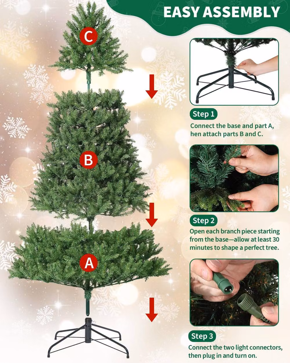 London Boutique 7.5ft Pre-Lit Artificial Christmas Fir Tree in Green – 6
