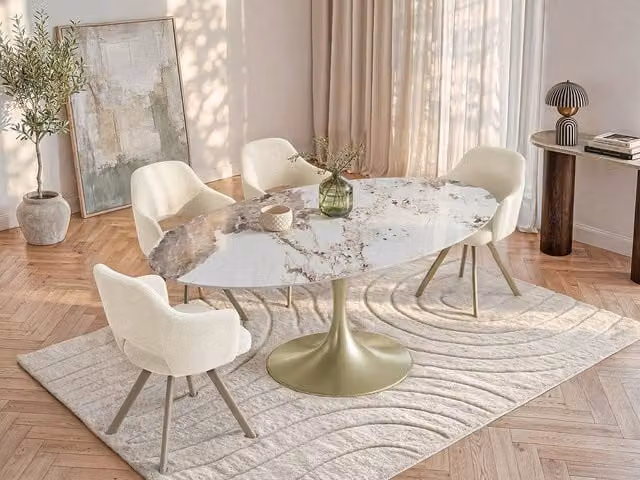 Vente-unique 8-Seater Oval Ceramic Dining Table in White, Grey and Gold, W/D/H: 240 x 120 x 78 cm – 1