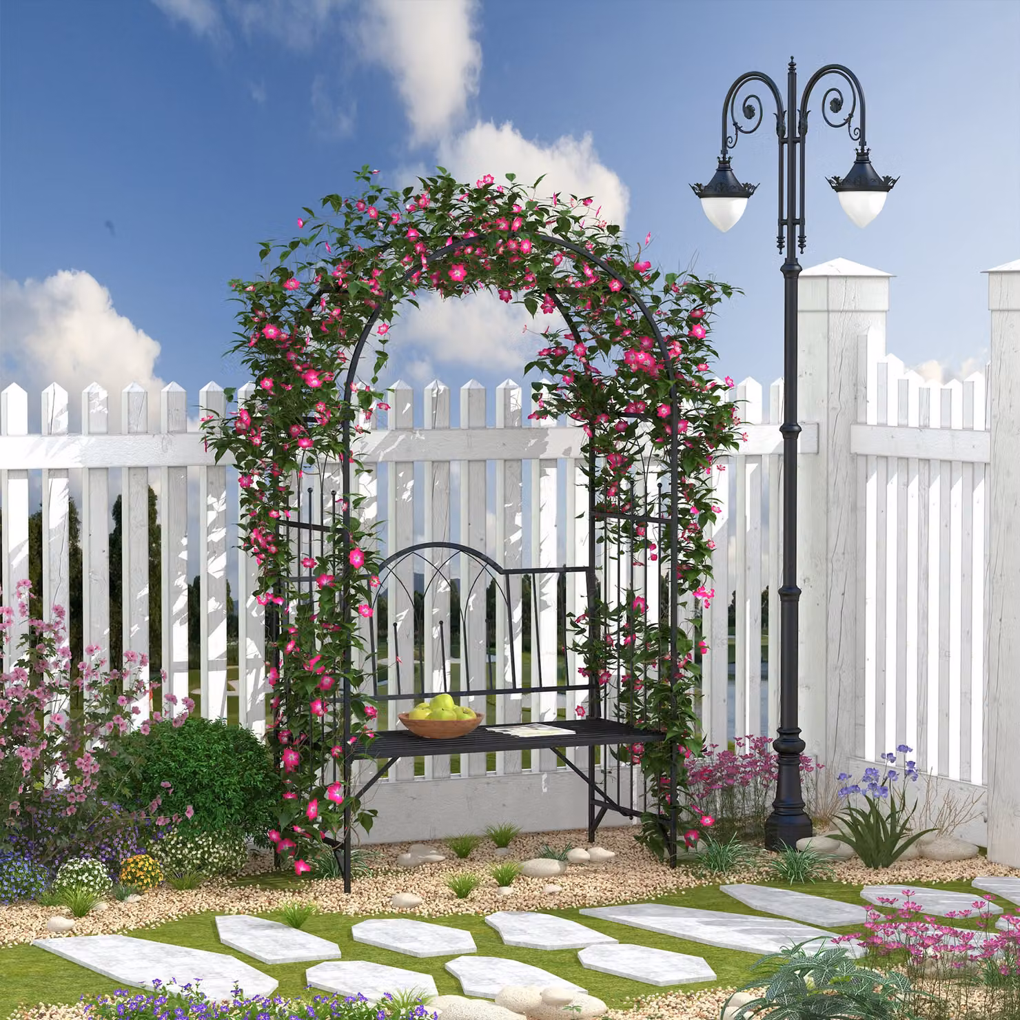 Outsunny Antique Style Metal Garden Arch Bench and Rose Trellis Arbour with 2-Seater Chair, Black – 2