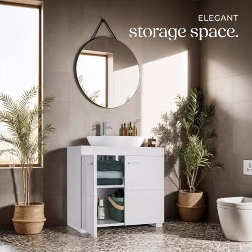 tectake Modern White Freestanding Bathroom Cabinet with Hinged Doors and Internal Shelves – 2