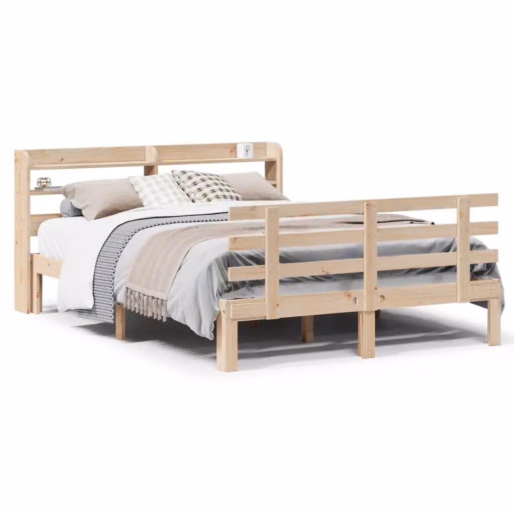 Berkfield Home Double Bed Frame with Headboard in Brown, Solid Pine Wood, W/D/H: 135 x 190 x 82 cm – 2
