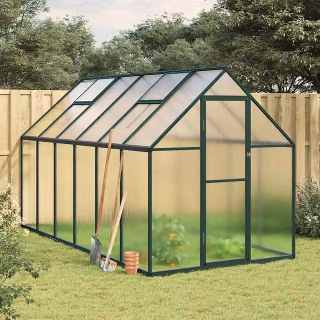 Berkfield Home Green Aluminium Greenhouse with Polycarbonate Panels and Base Frame, W/D/H: 334 x 169 x 195 cm