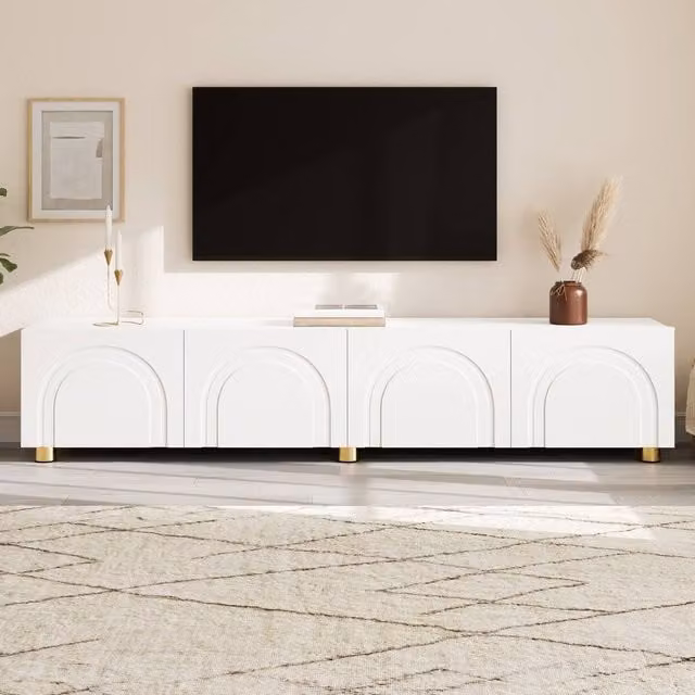 Merax Modern 4 Door TV Unit Lowboard in White with Metal Legs, W: 180 cm, D: 35 cm, H: 40 cm