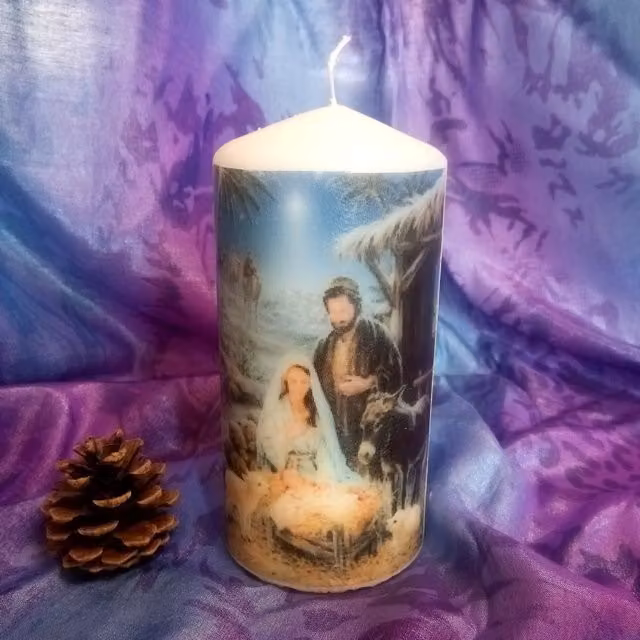 Viki White and Multicolour Nativity Pillar Candle for Christmas Tabletop Decor