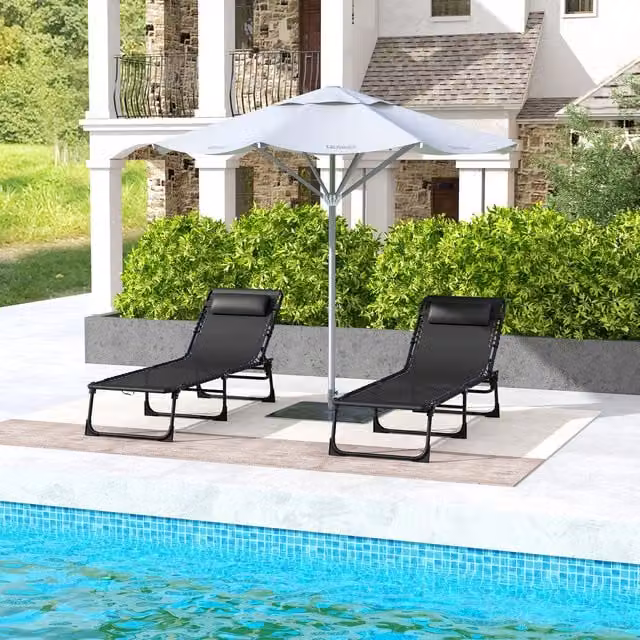 Outsunny Reclining Sun Lounger Set in Black with Adjustable Headrest and Multi-Position Glide