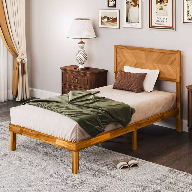 Costway Mid-Century Solid Acacia Wood Single Bed Frame with Headboard, Brown, 90 x 200 cm