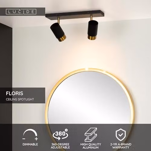 Lucide Floris Dimmable and Adjustable Twin Ceiling Spotlight in Black with 2xGU10 LED Support – 2