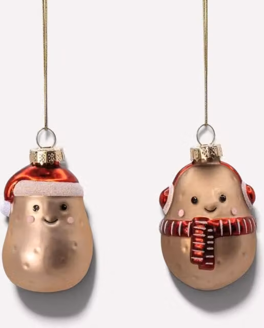 Sass & Belle Set of 2 Gold and Multicolour Glass Hanging Potato Tree Christmas Decorations – 1