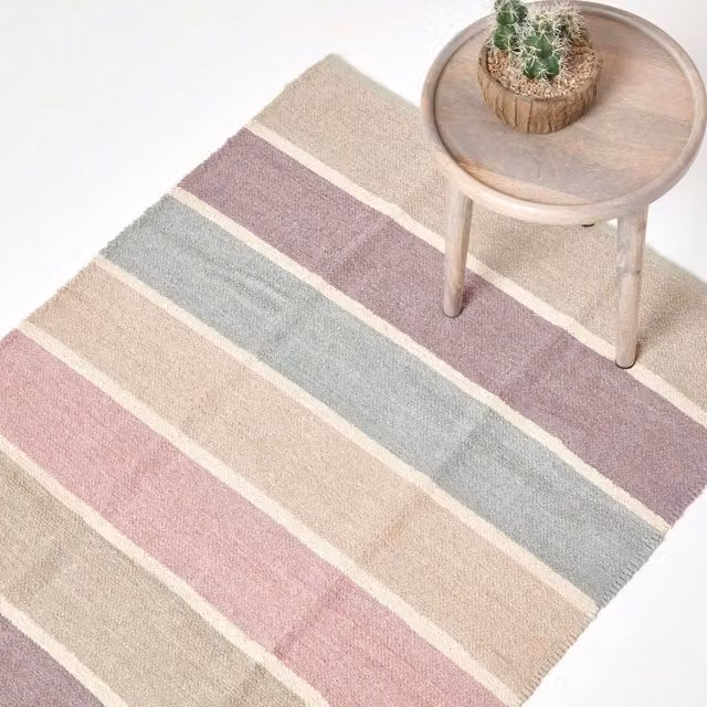 Homescapes Woven Chenille Striped Cotton Rectangular Rug in Purple and Multicolour, 150 cm