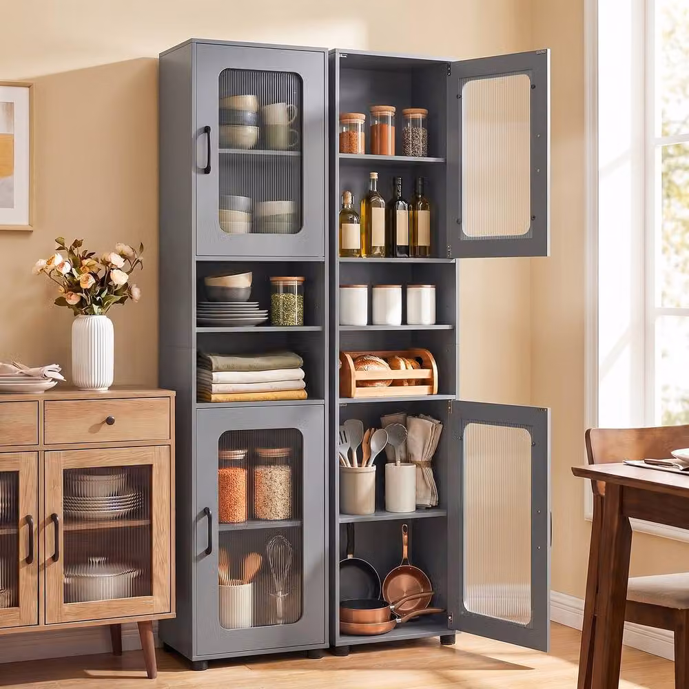 Costway Tall Grey Bathroom Storage Cabinet with Glass Doors and Adjustable Internal Shelves – 4