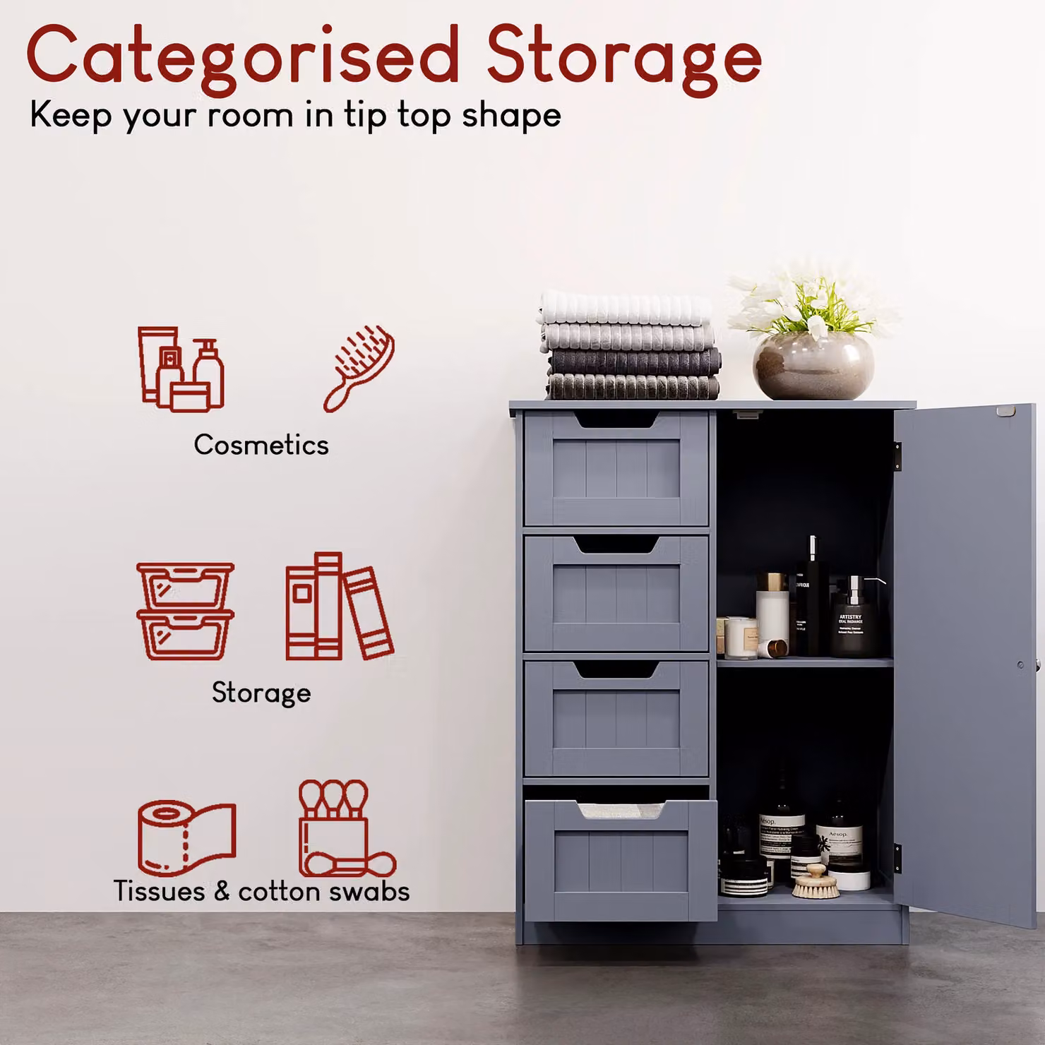 Home Discount Bath Vida Priano 4 Drawer 1 Door Freestanding Bathroom Storage Unit, Dark Grey, H 81.0 x W 60.0 x D 30.0 cm – 4