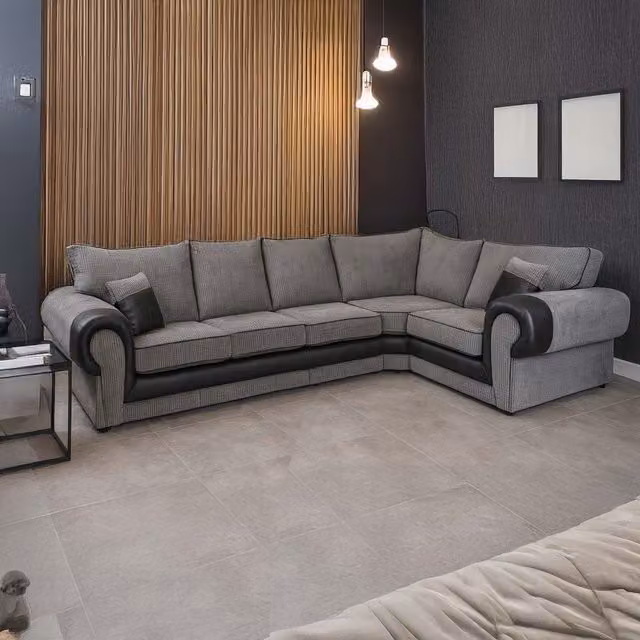 Furnishings For Less UK Portland 5 Seater L Shaped Corner Sofa in Grey Fabric and Synthetic Leather, Right Hand Facing – 1