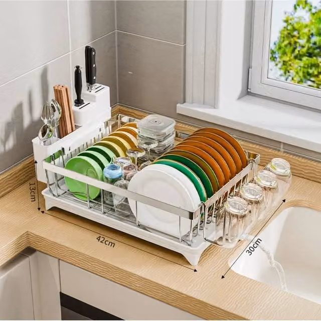FORGEVIO White Dish Drainer Rack with Cutlery and Cup Holder
