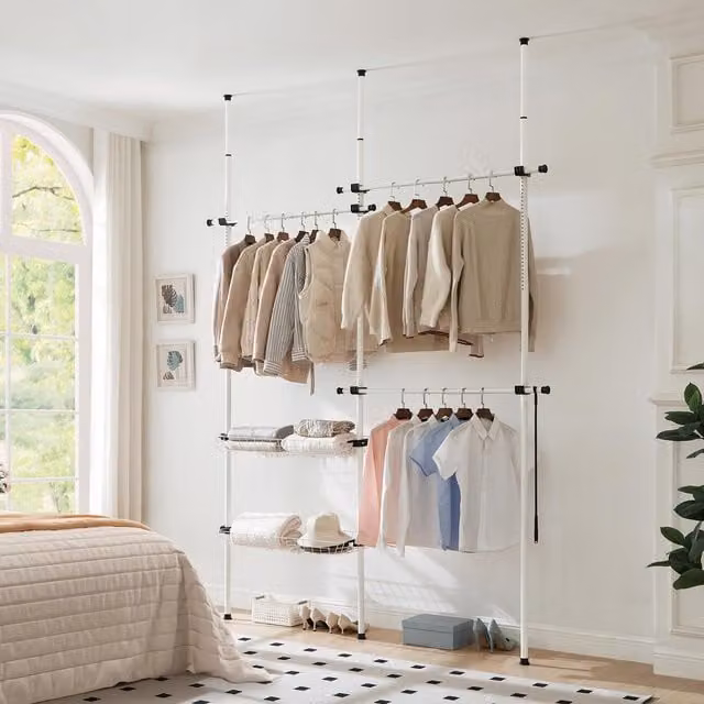 House of Home Telescopic Double Wardrobe Organiser with White Rail and Baskets, W: 120 cm, H: 38 cm, D: 38 cm
