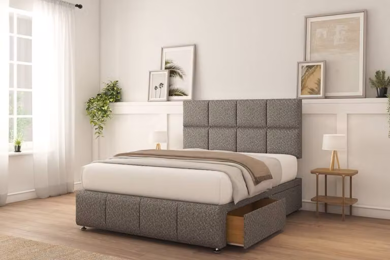 Sloomy Brington Plush Divan Bed Set with 2 Drawers and 26 inch Strutted Headboard in Light Grey, Single, W/D/H: 90 x 200 cm