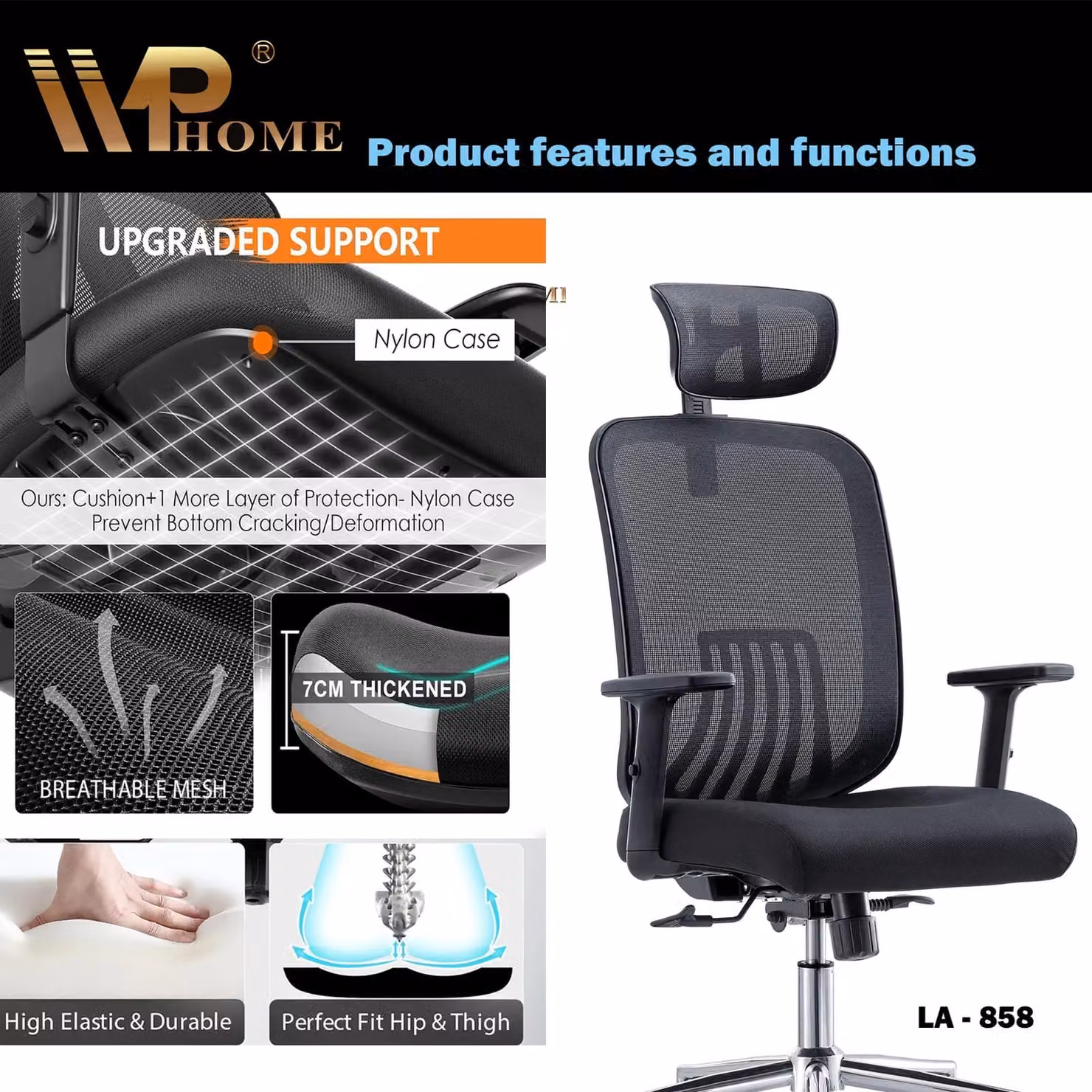 JFY Executive Reclining Office Chair in Black with Breathable Mesh, Headrest and 360 Degree Swivel – 7