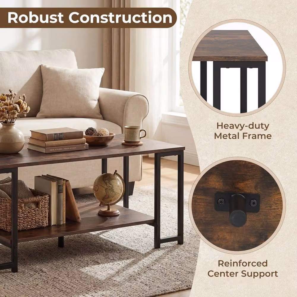 VOGREX Modern 2 Tier Coffee Table with Open Storage Shelf in Brown Metal – 3