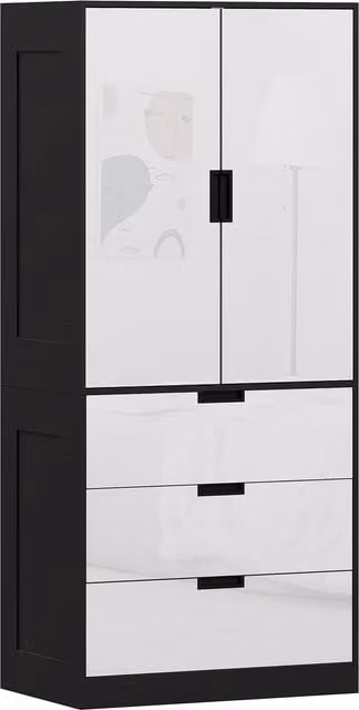 HOMCOM Modern 2 Door High Gloss Wardrobe with 3 Drawers and Hanging Rod in White