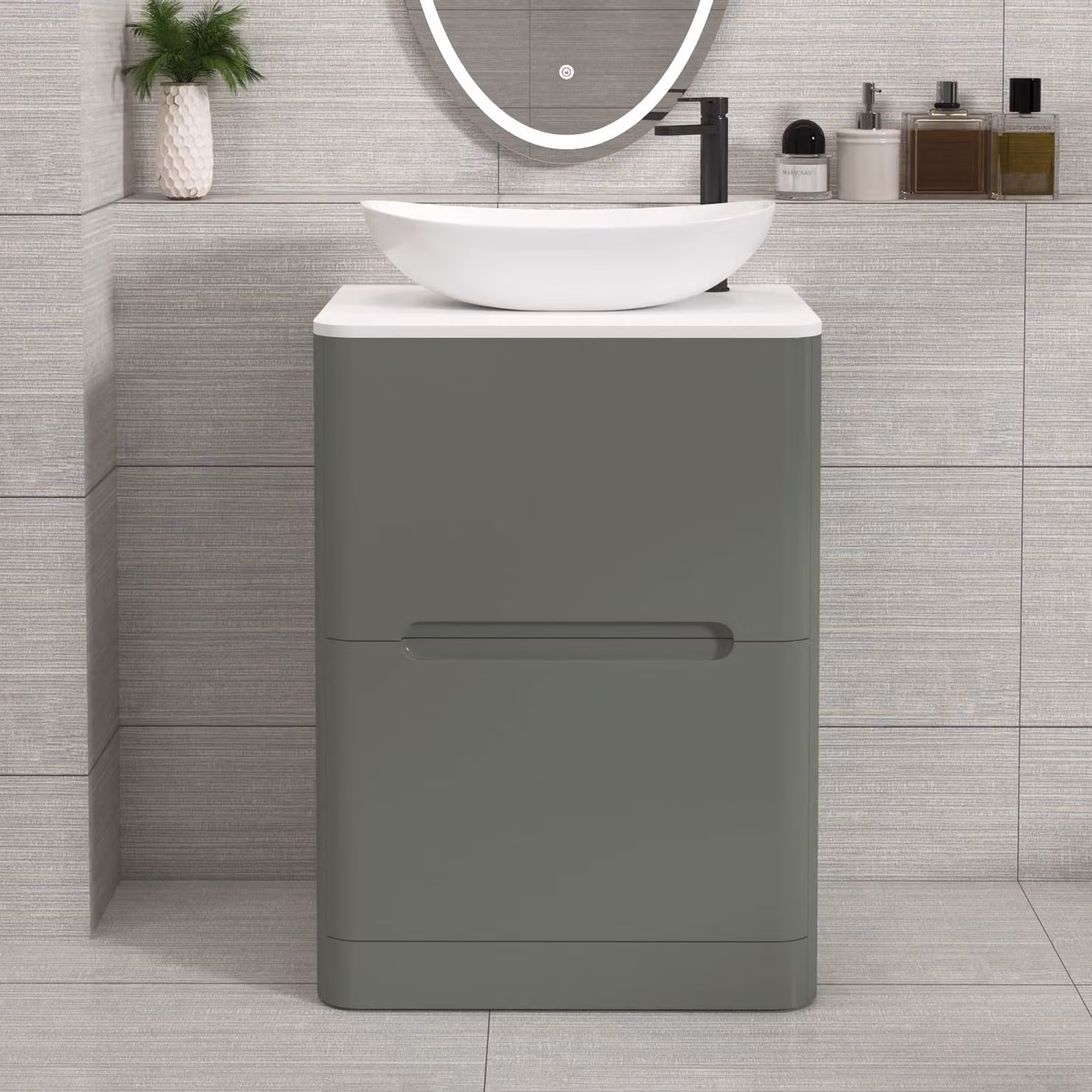 Royal Bathrooms Venice 600mm Sage Green Floor Standing 2 Drawer Vanity Unit with Plain White Worktop and Cesar Basin