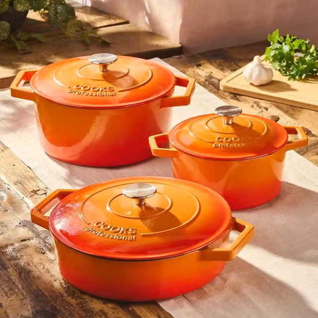 Cooks Professional Set of 3 Enamelled Cast Iron Casserole Dishes with Lids, Orange