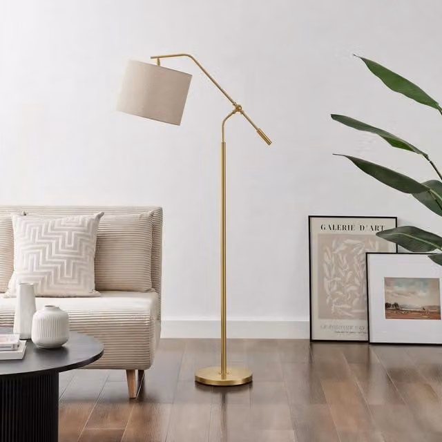 Furniturebox UK Claudia Brass Standing Floor Lamp with White Fabric Shade