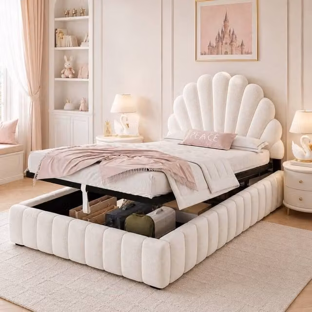 Rolipo Upholstered Velvet Fabric Bed in Beige with Lift Up Base, W: 90 cm, L: 200 cm – 1
